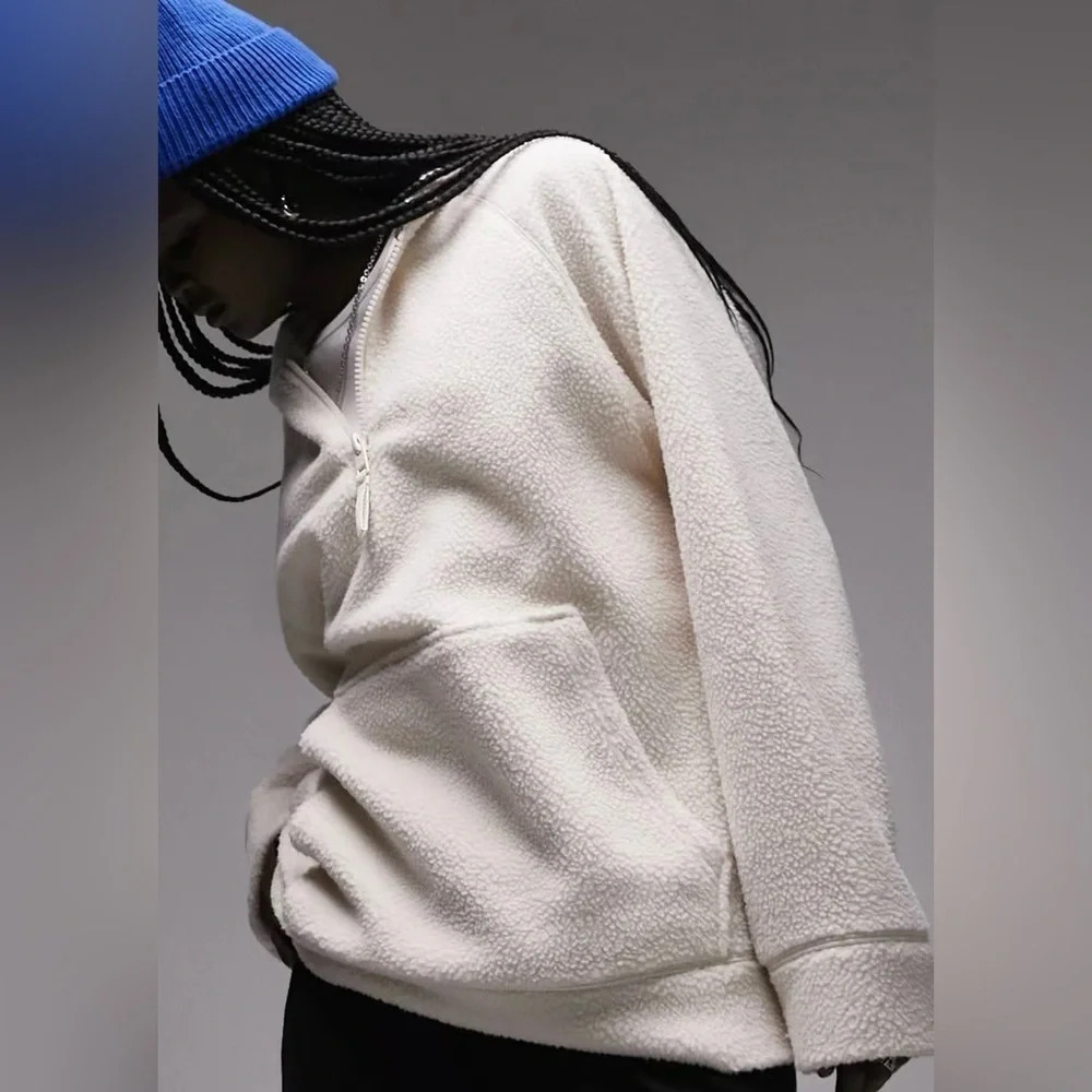 Topshop Ivory Oversized Sherpa Fleece Quarter Zip Teddy Hoodie Pullover XS